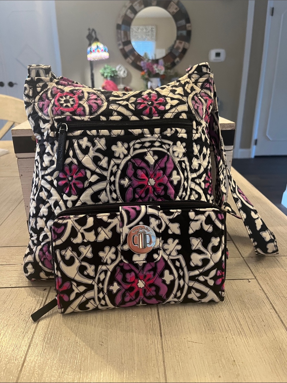 Vera Bradley Black, White & Pink Quilted Crossbody Bag with Matching Wallet